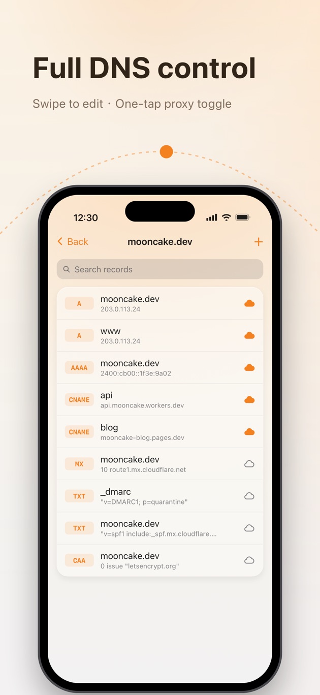 DNS record list and editing