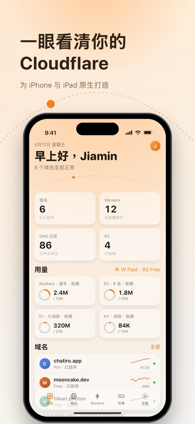 概览页:域名、Workers、DNS 与用量一屏总览
